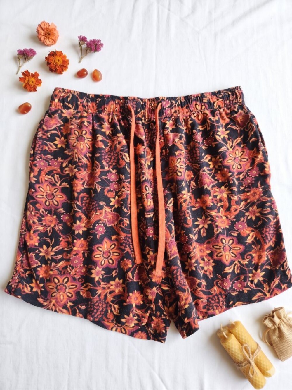 Urban Heritage Black Floral Athletic Shorts with Orange Drawstring